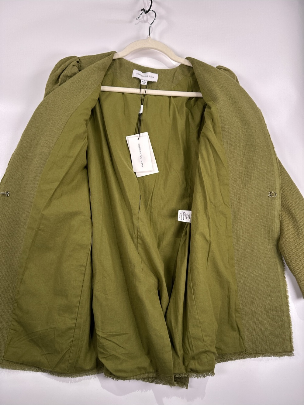 Something Navy Puff Shoulder Blazer Raw Hem Linen Cotton Blend Green Small - Picture 4 of 14